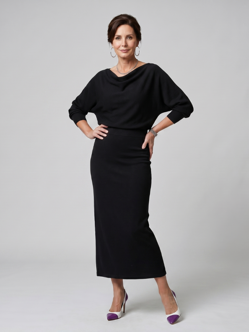 Romy | Robe mi-longue à jupe ajustée et décolleté drapé