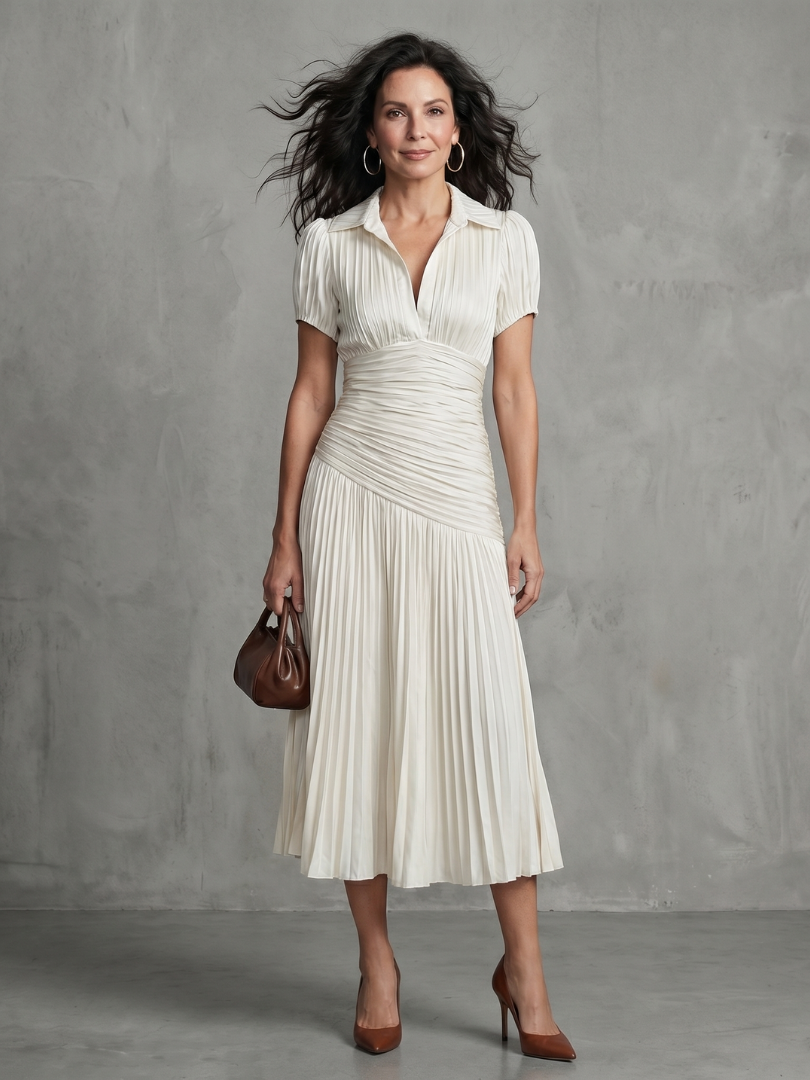 Theodora | Robe Midi Plissée à Rayures