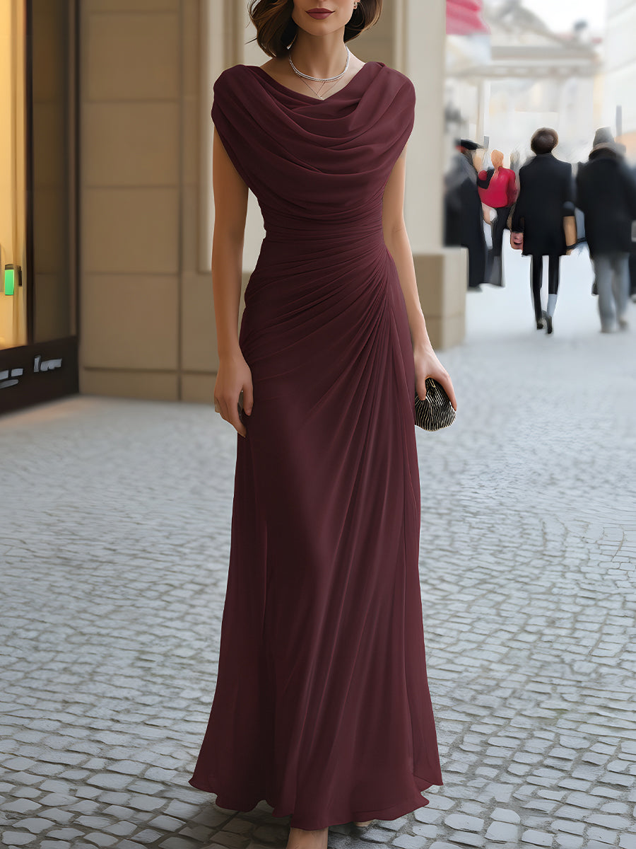 Robe longue drapée à col bénitier froncé