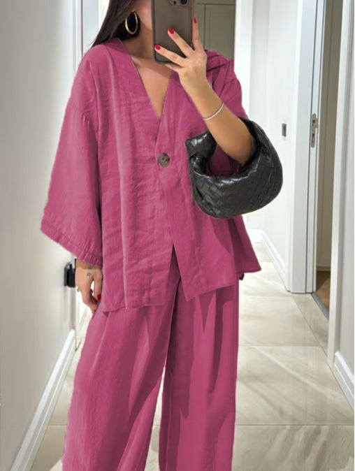 Ensemble haut à col en V et pantalon Jenifer
