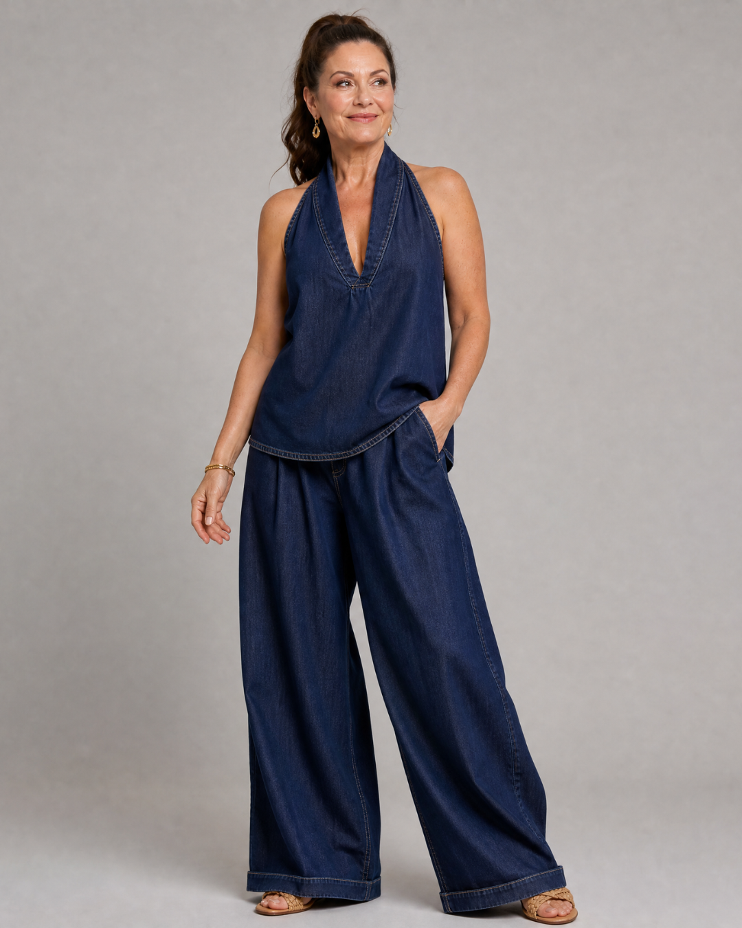 Zorelle | Ensemble top en jean à col licou et pantalon large