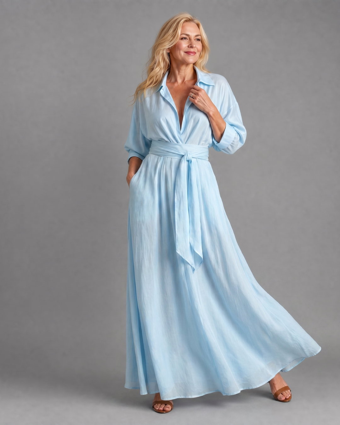 Zelith | Robe Midi Fluide Ceinturée à Col et Manches Longues