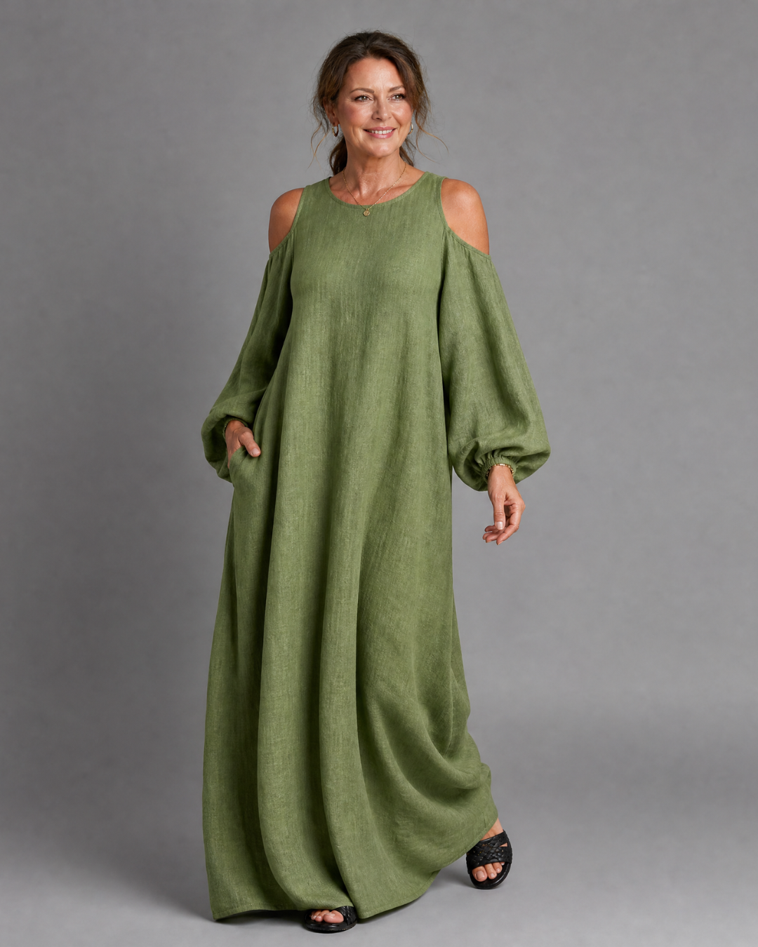 Sylphine | Robe longue décontractée à manches ballon et épaules dénudées