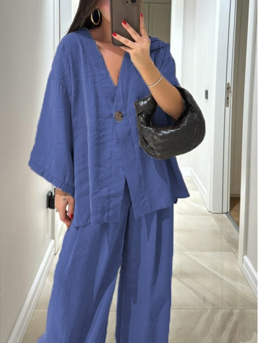 Ensemble haut à col en V et pantalon Jenifer