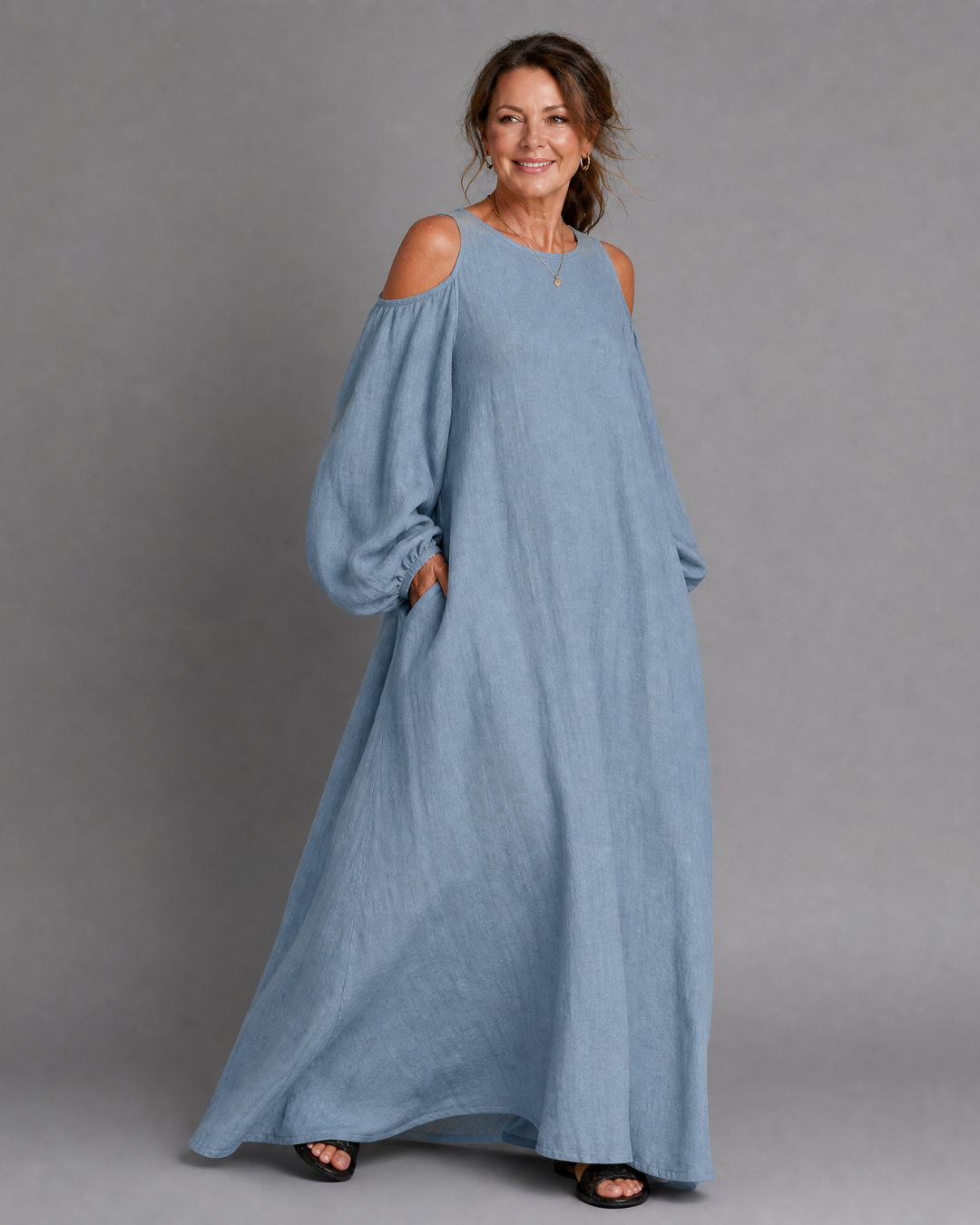 Sylphine | Robe longue décontractée à manches ballon et épaules dénudées