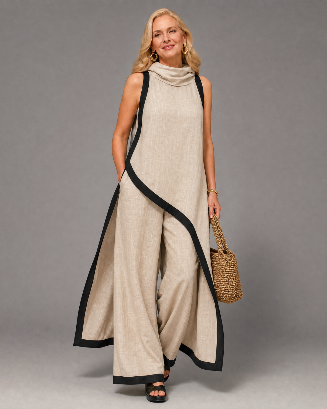 Valthera | Ensemble top sans manches superposé à bordure contrastante et pantalon large