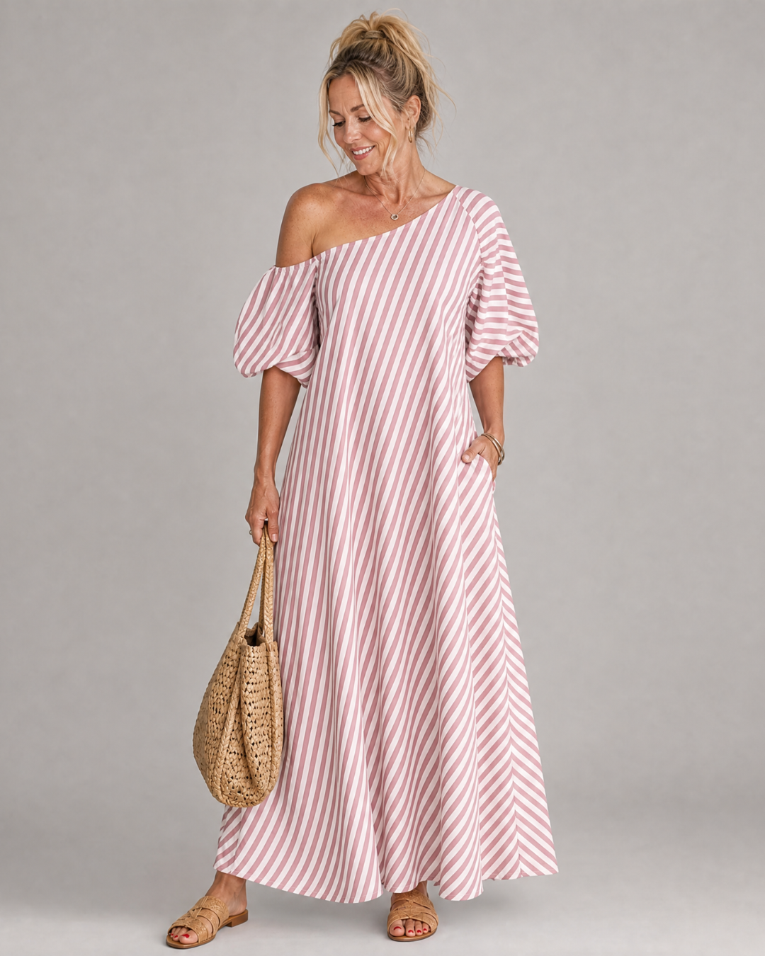 Zamrina | Robe midi rayée à manches bouffantes et épaules dénudées