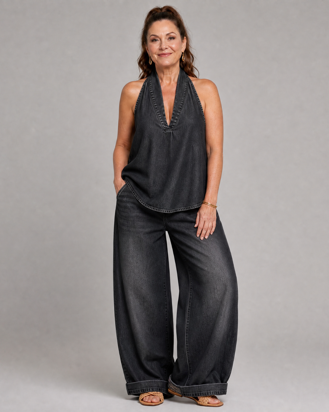 Zorelle | Ensemble top en jean à col licou et pantalon large