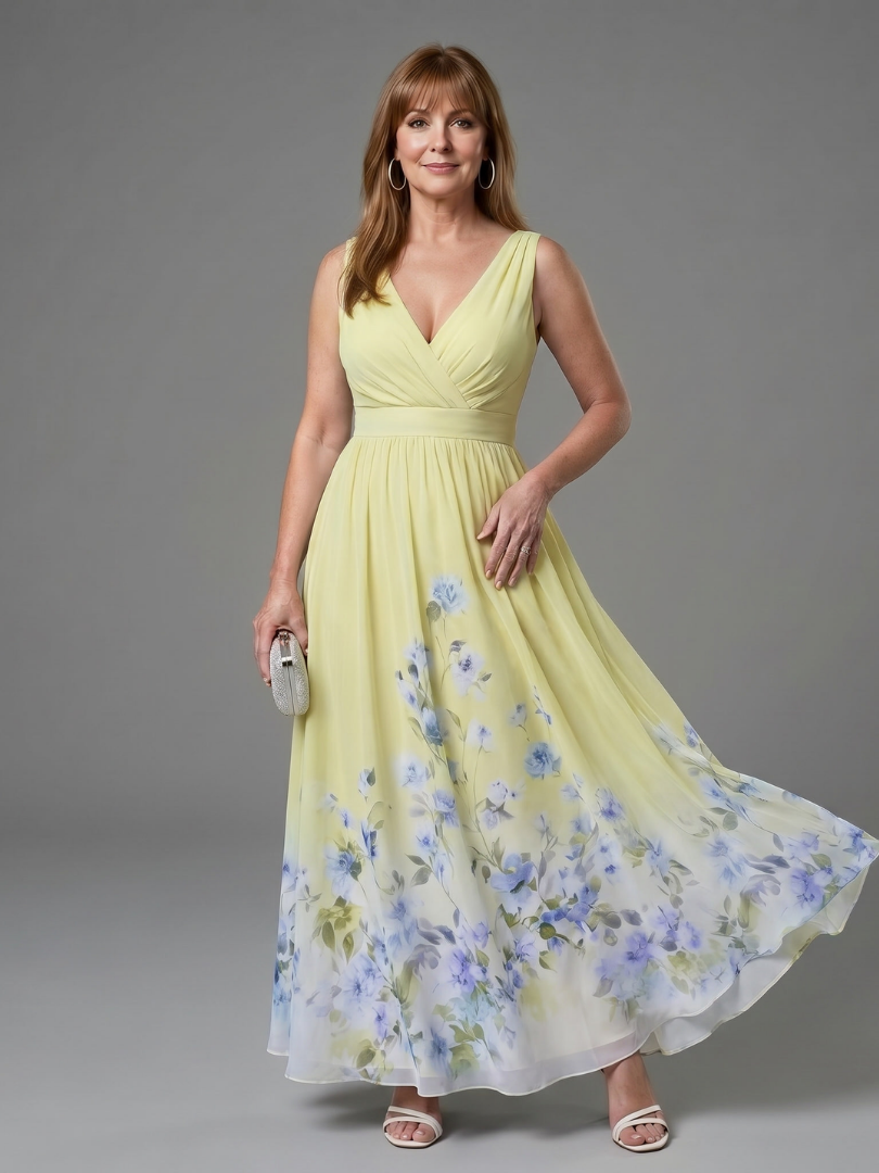 Clarissa | Robe Midi Sans Manches Col V Ourlet Floral Doux