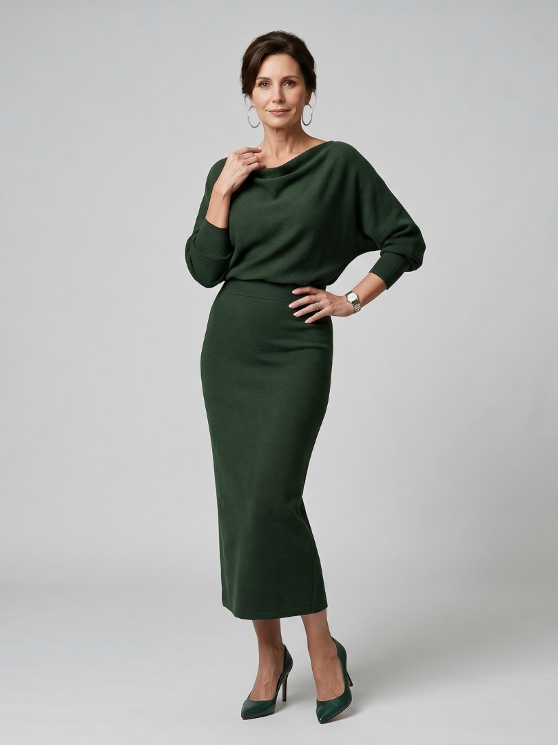 Romy | Robe mi-longue à jupe ajustée et décolleté drapé