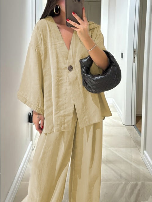Ensemble haut à col en V et pantalon Jenifer