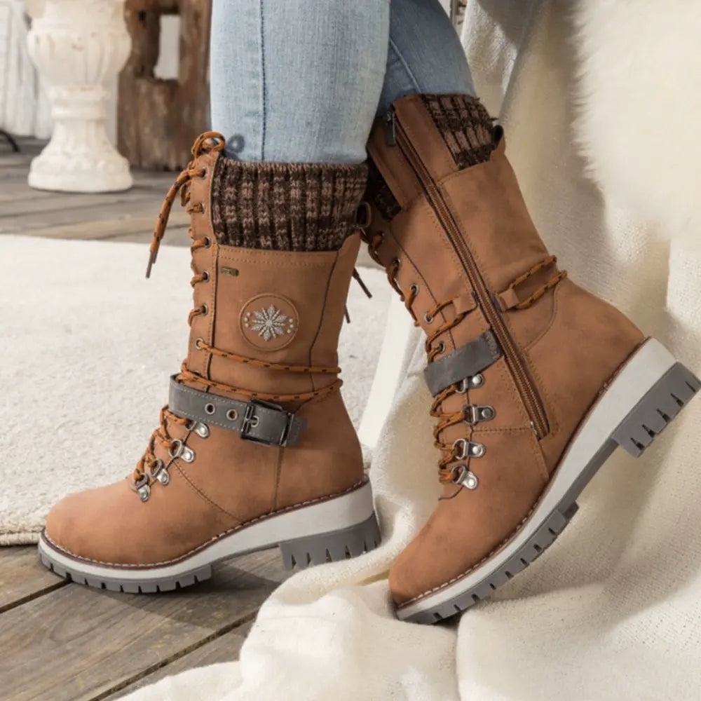 Bottes de neige montantes pour femme – Manchette en tricot et boucle – Semelle antidérapante