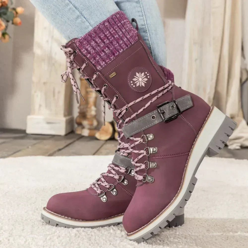 Bottes de neige montantes pour femme – Manchette en tricot et boucle – Semelle antidérapante