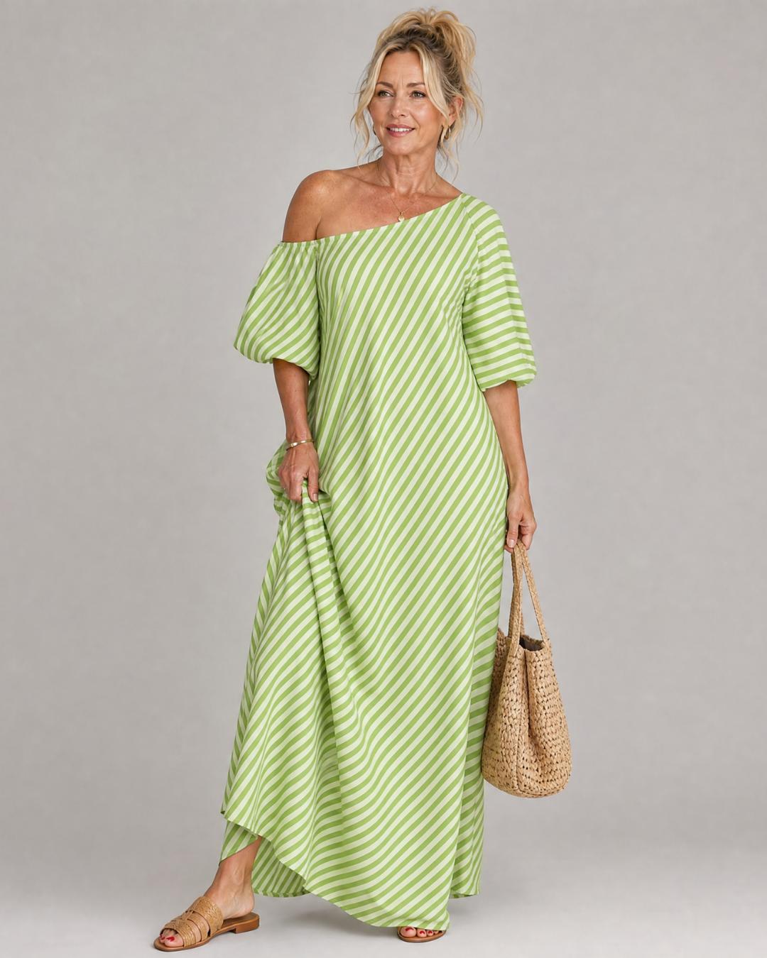 Zamrina | Robe midi rayée à manches bouffantes et épaules dénudées
