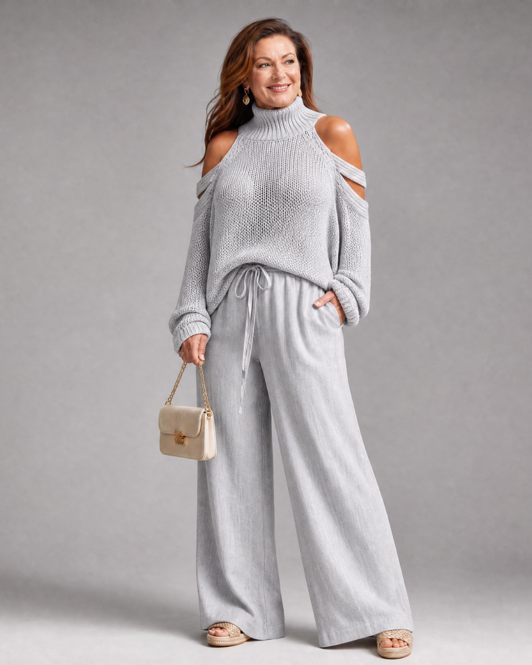 Elamen | Ensemble pull tricoté à épaules dénudées et pantalon large