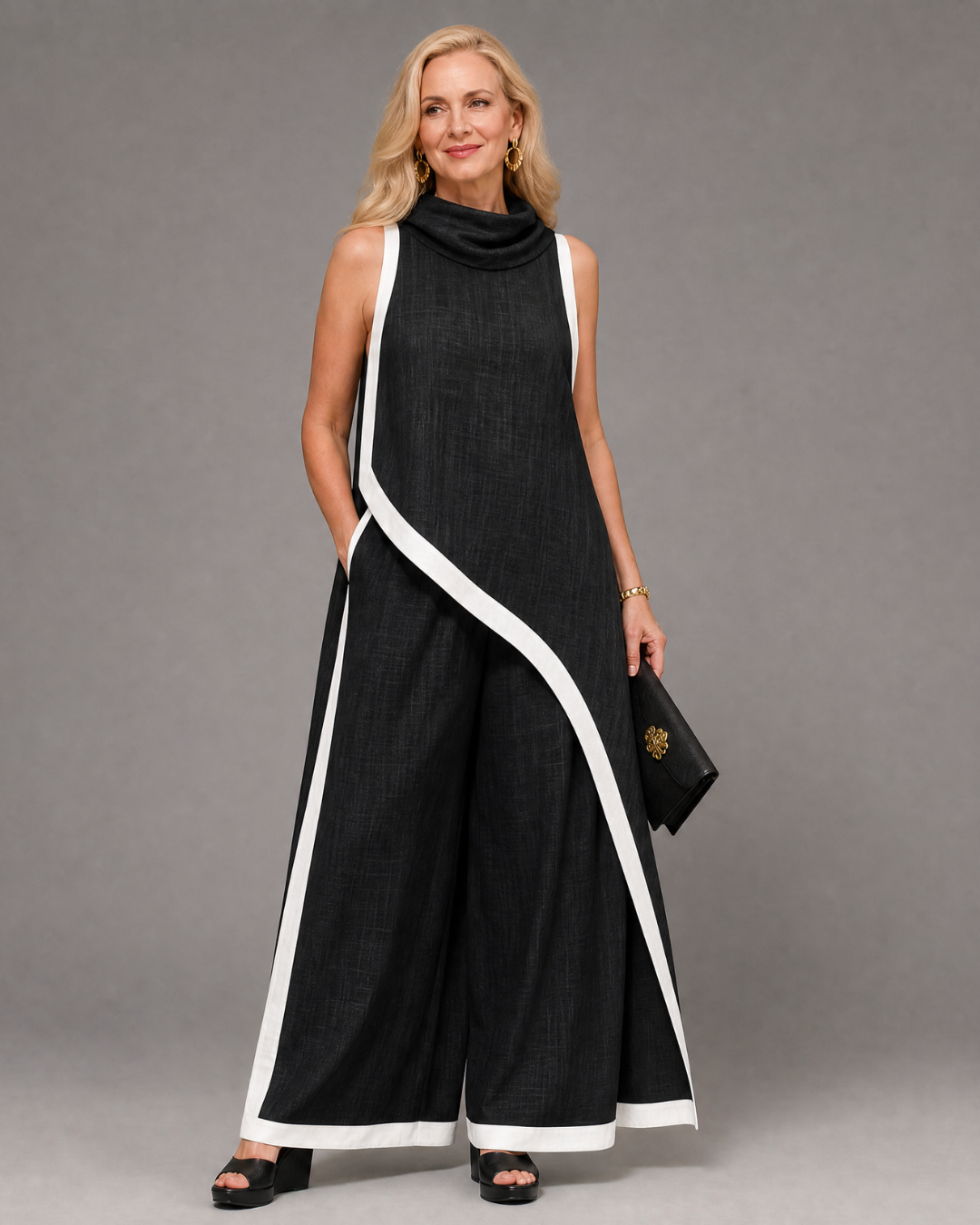 Valthera | Ensemble top sans manches superposé à bordure contrastante et pantalon large
