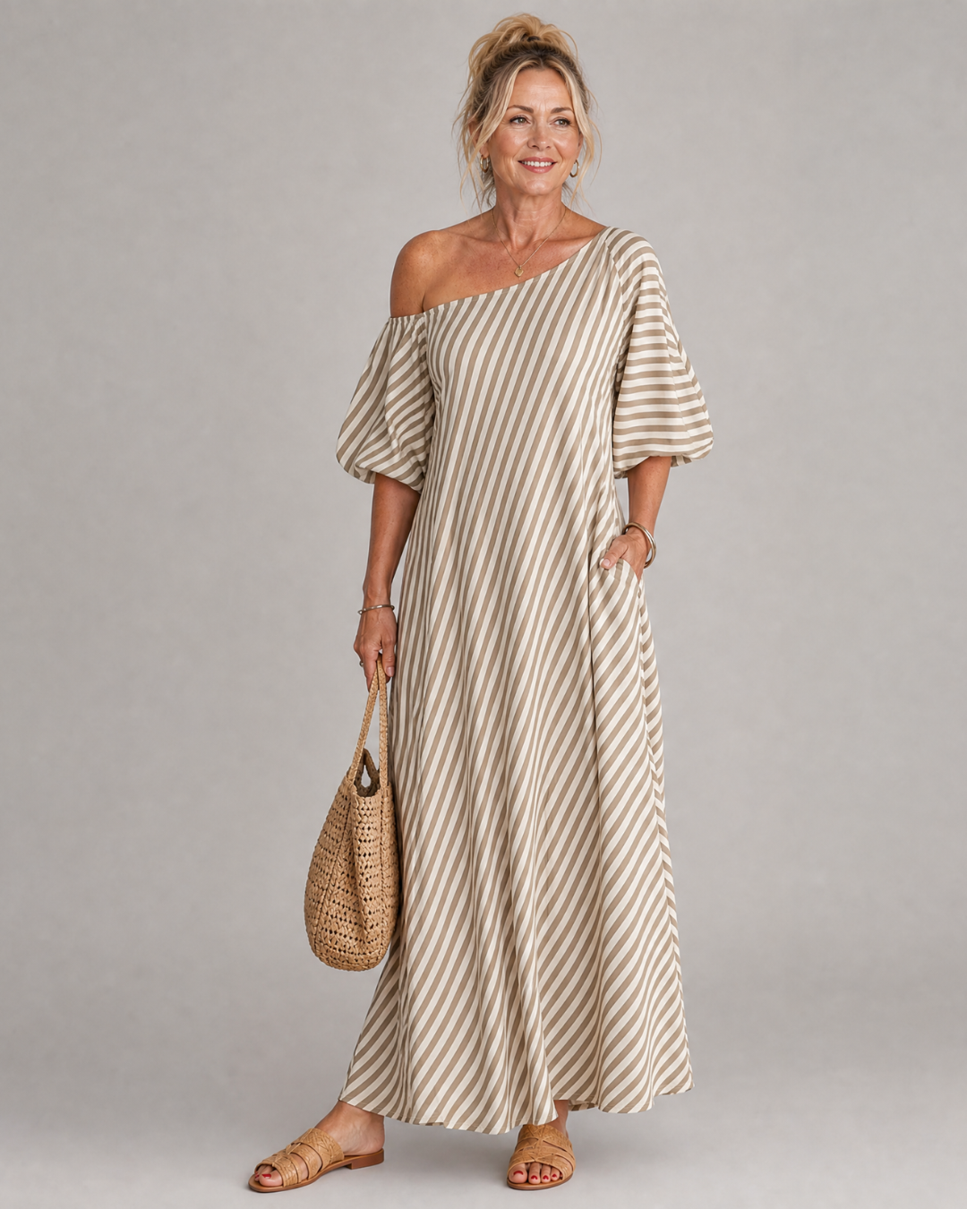Zamrina | Robe midi rayée à manches bouffantes et épaules dénudées