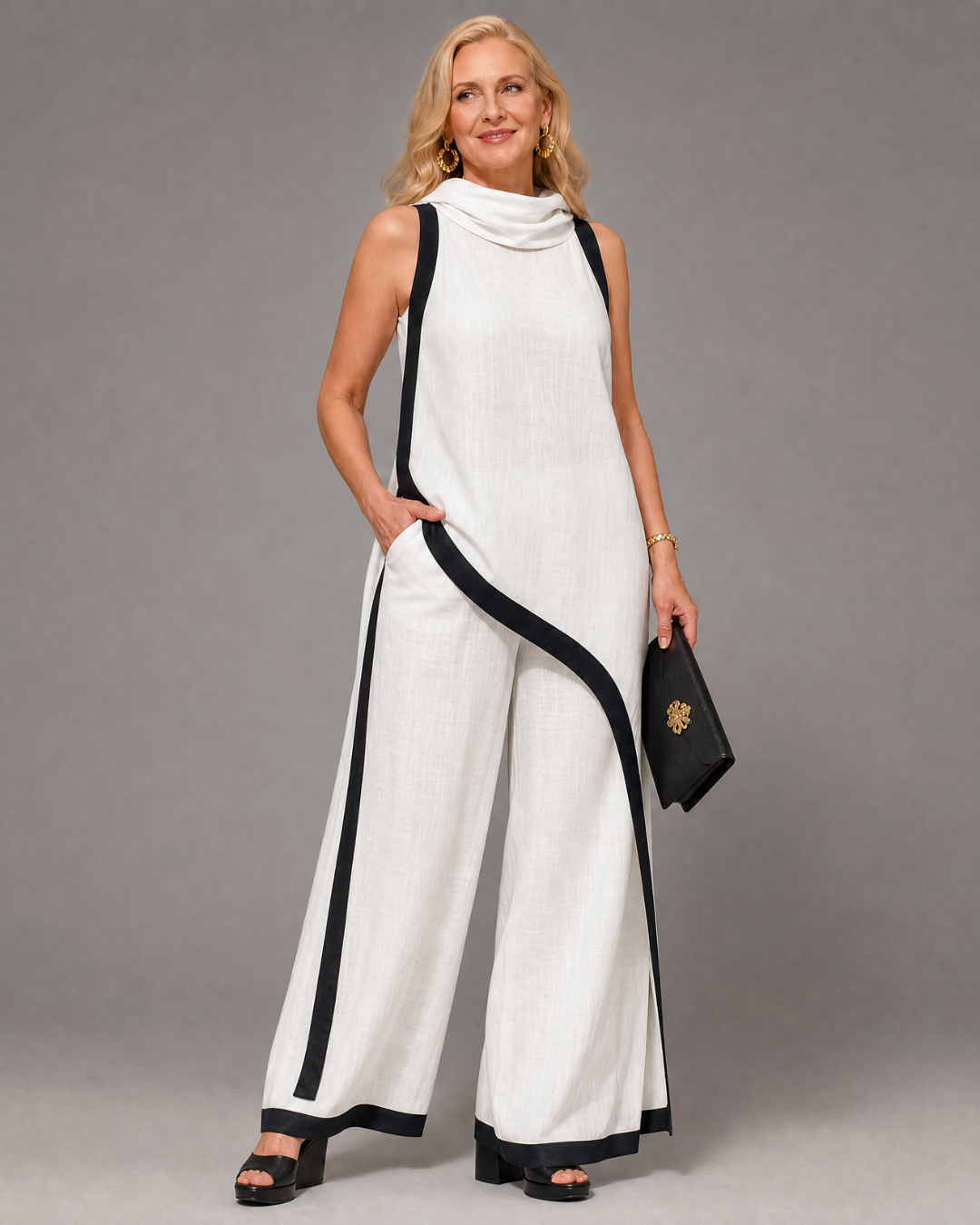 Valthera | Ensemble top sans manches superposé à bordure contrastante et pantalon large