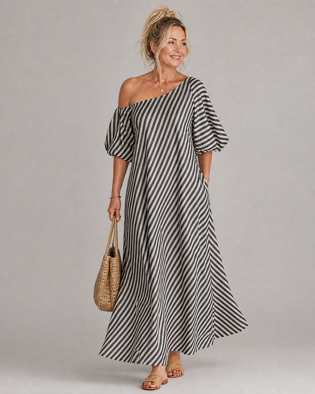 Zamrina | Robe midi rayée à manches bouffantes et épaules dénudées