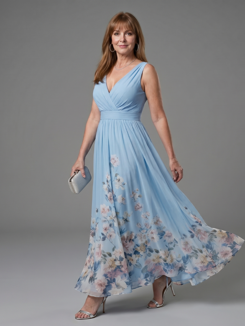Clarissa | Robe Midi Sans Manches Col V Ourlet Floral Doux