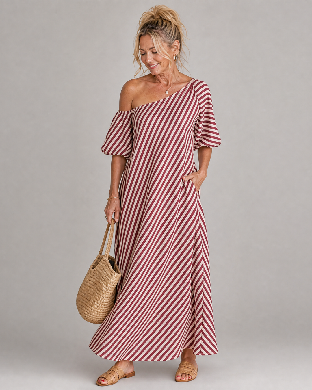 Zamrina | Robe midi rayée à manches bouffantes et épaules dénudées