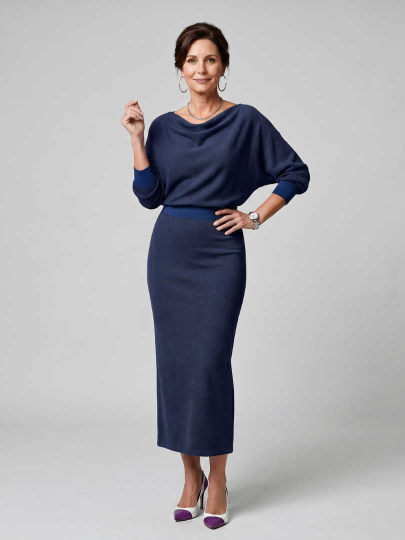 Romy | Robe mi-longue à jupe ajustée et décolleté drapé