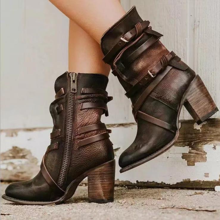 Bottines en cuir pour femme - Modèle souple et vieilli - Brides à boucle - Talon carré