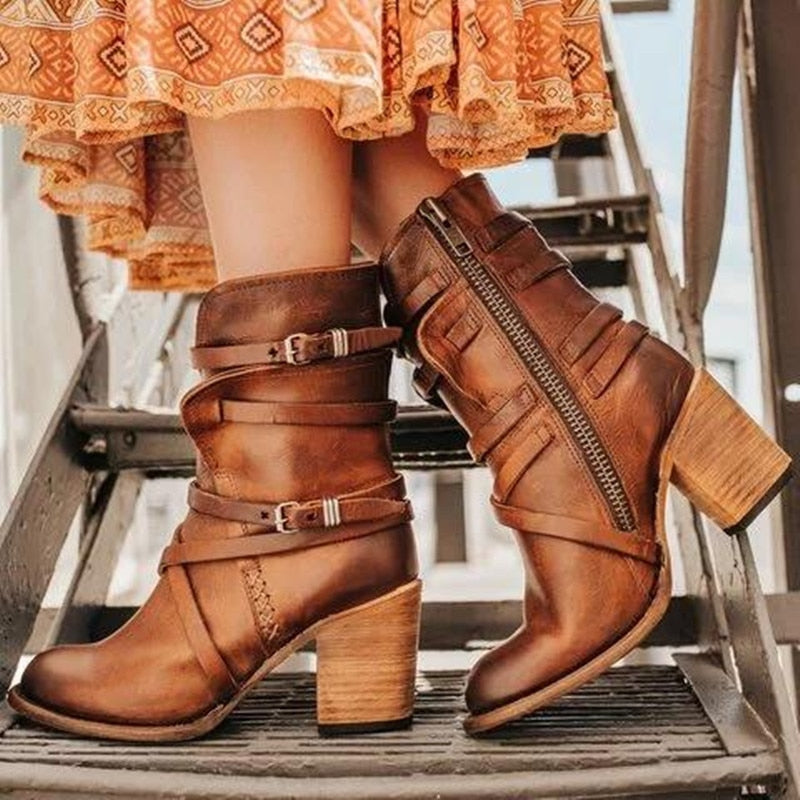 Bottines en cuir pour femme - Modèle souple et vieilli - Brides à boucle - Talon carré