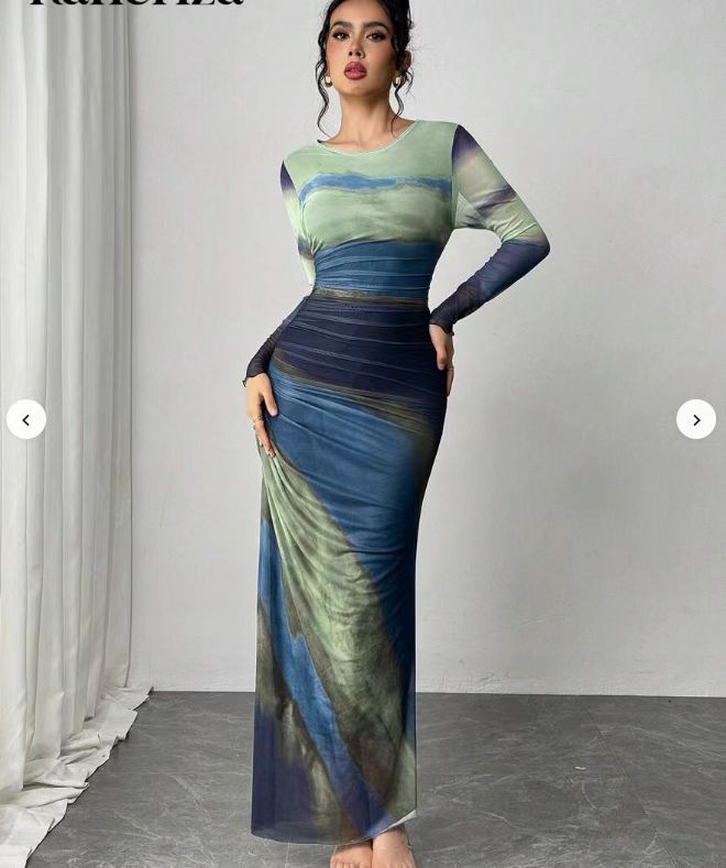 TORINA™ - Robe longue moulante à col rond et manches longues imprimée et confortable