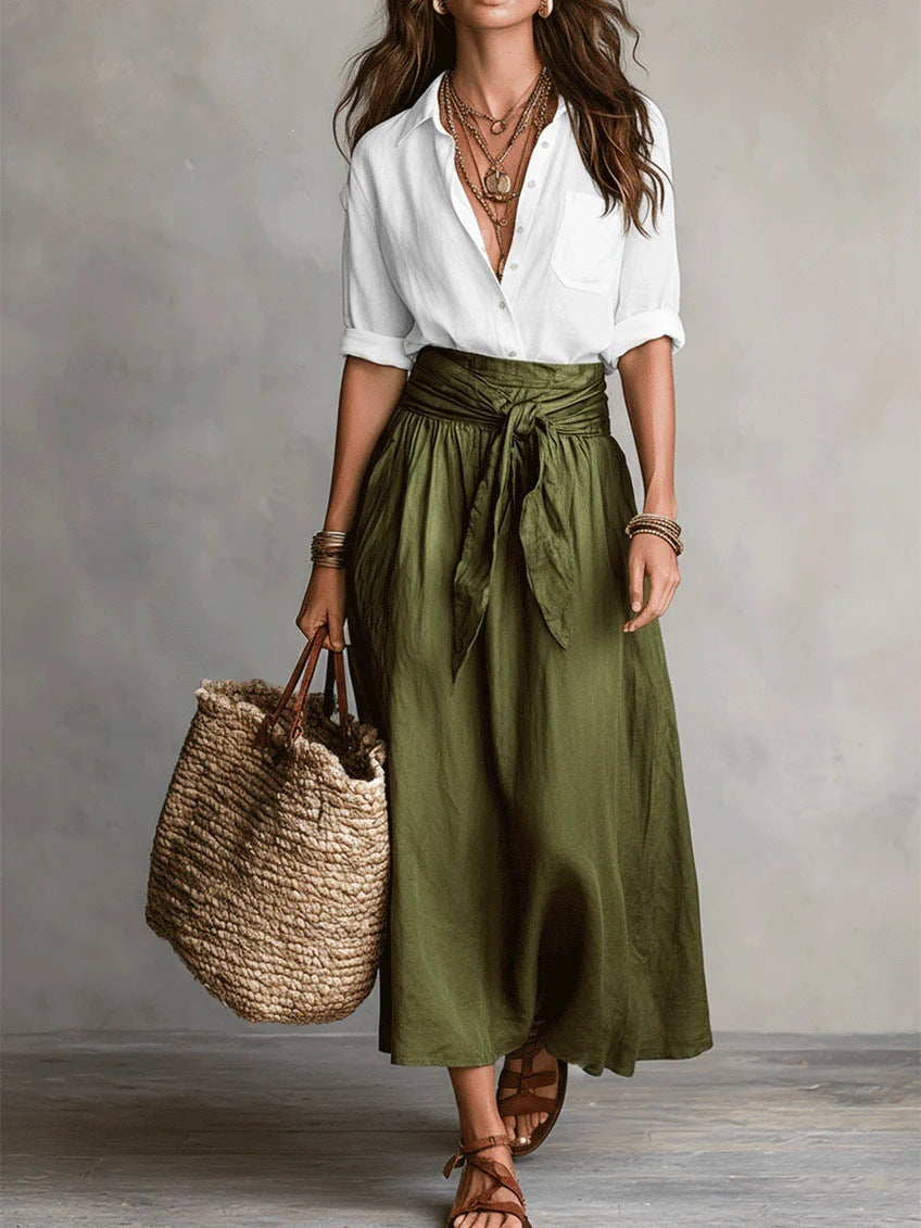 Vera™ | Ensemble deux pièces : Haut noir et jupe midi vert olive
