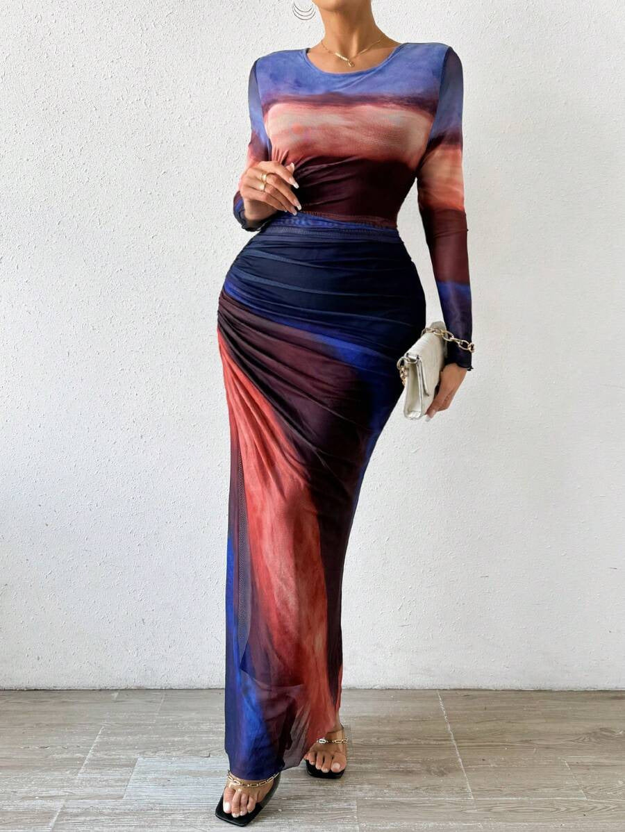 TORINA™ - Robe longue moulante à col rond et manches longues imprimée et confortable