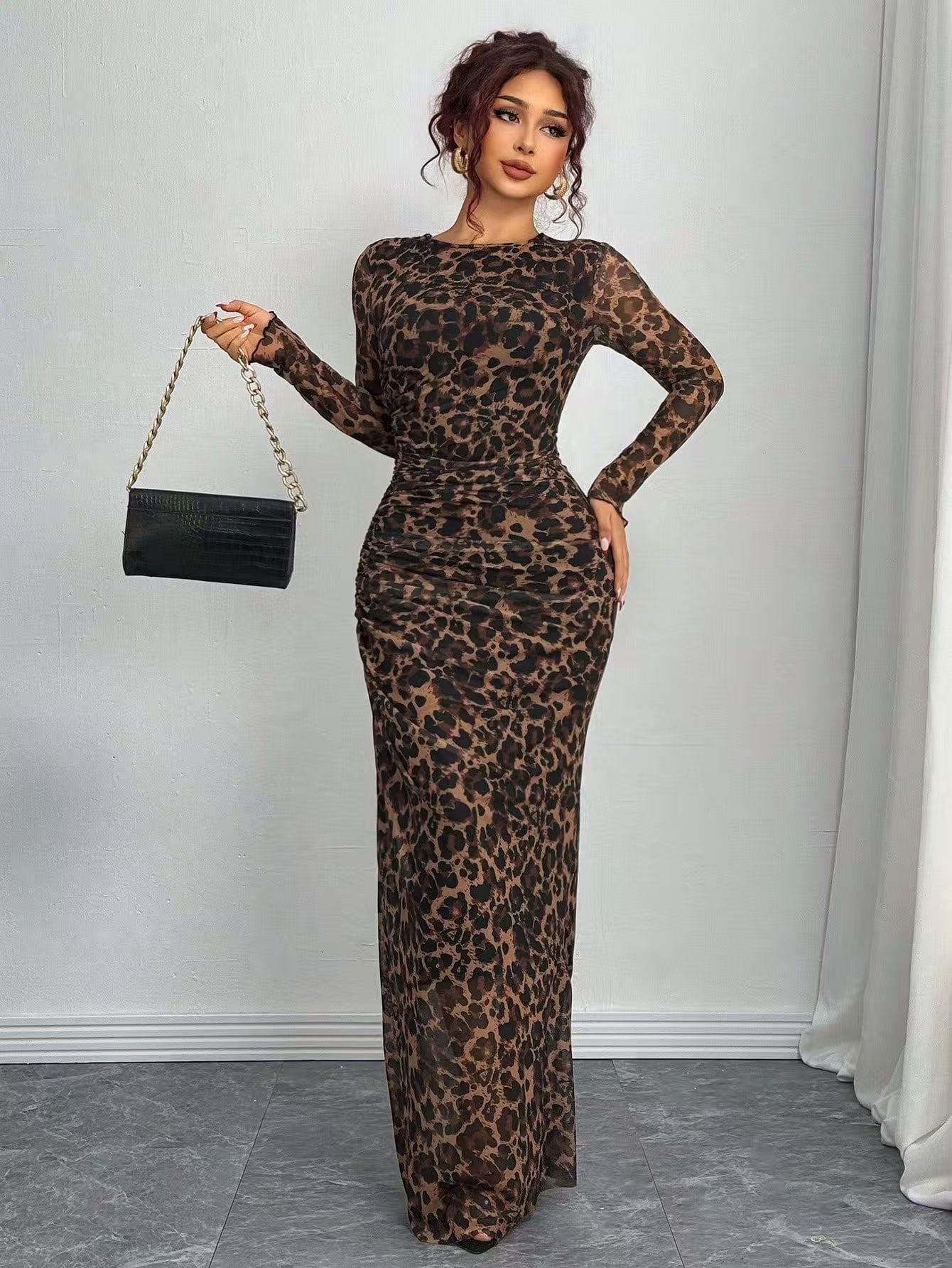 TORINA™ - Robe longue moulante à col rond et manches longues imprimée et confortable