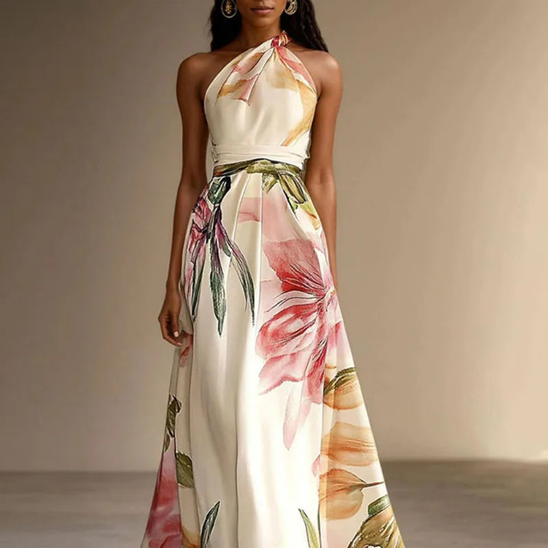 Liora – Robe longue fleurie à encolure dos-nu