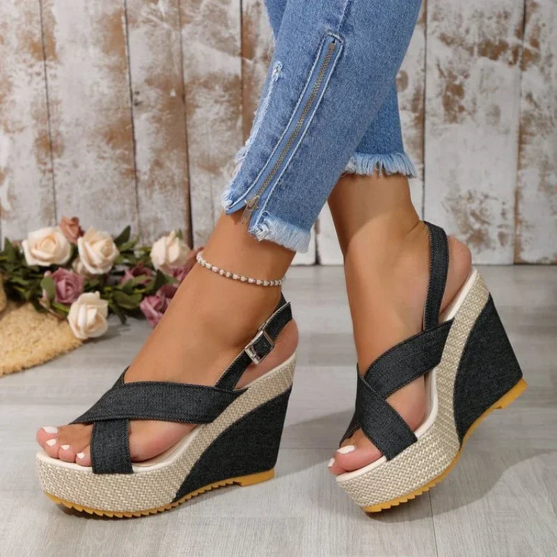 Sandales compensées en jean Maya
