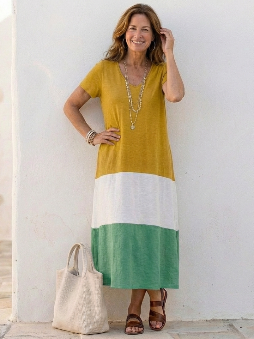 Thalia | Robe midi à manches courtes, col en V et blocs de couleur