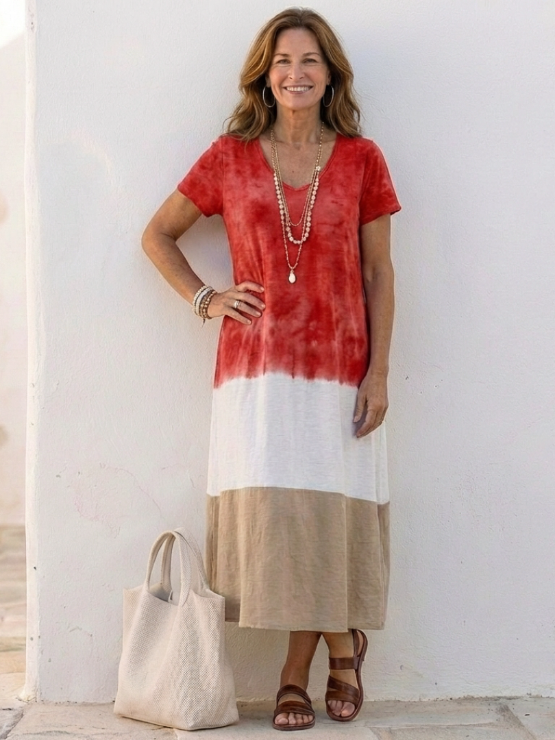 Thalia | Robe midi à manches courtes, col en V et blocs de couleur