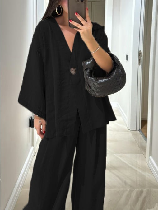 Ensemble haut à col en V et pantalon Jenifer