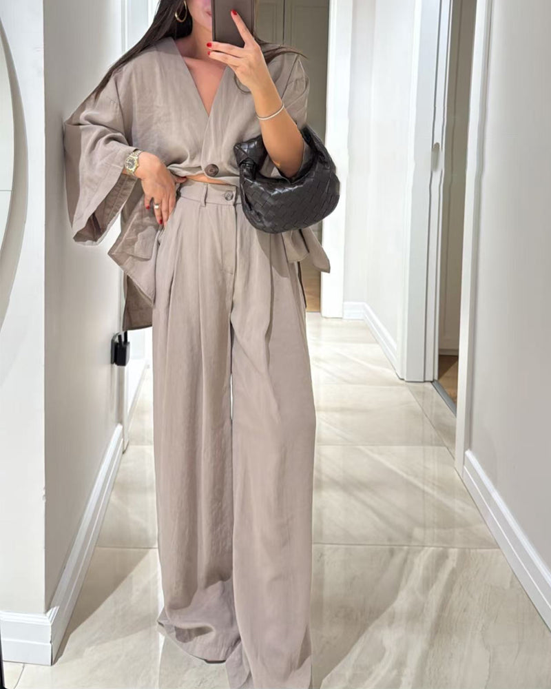 Ensemble haut à col en V et pantalon Jenifer