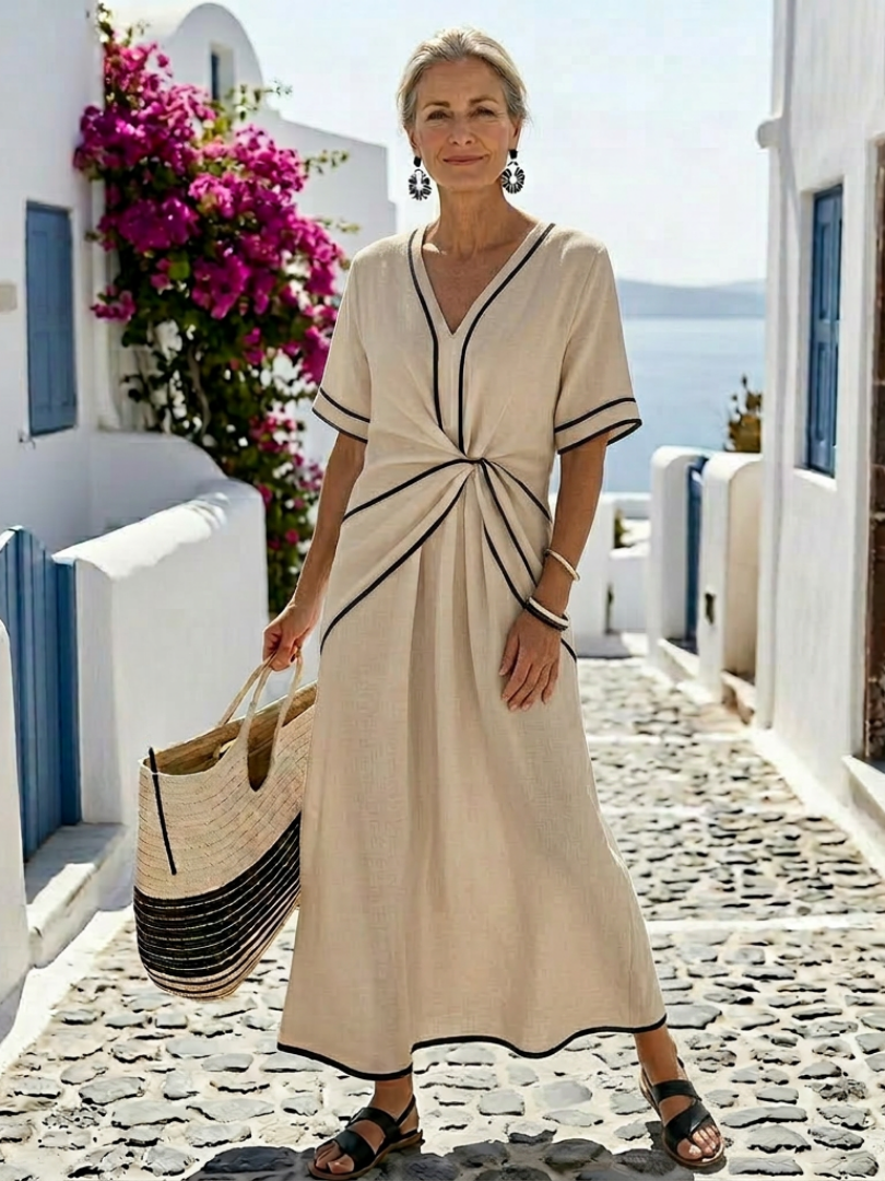Linnea | Robe midi à col en V, manches courtes et taille froncée
