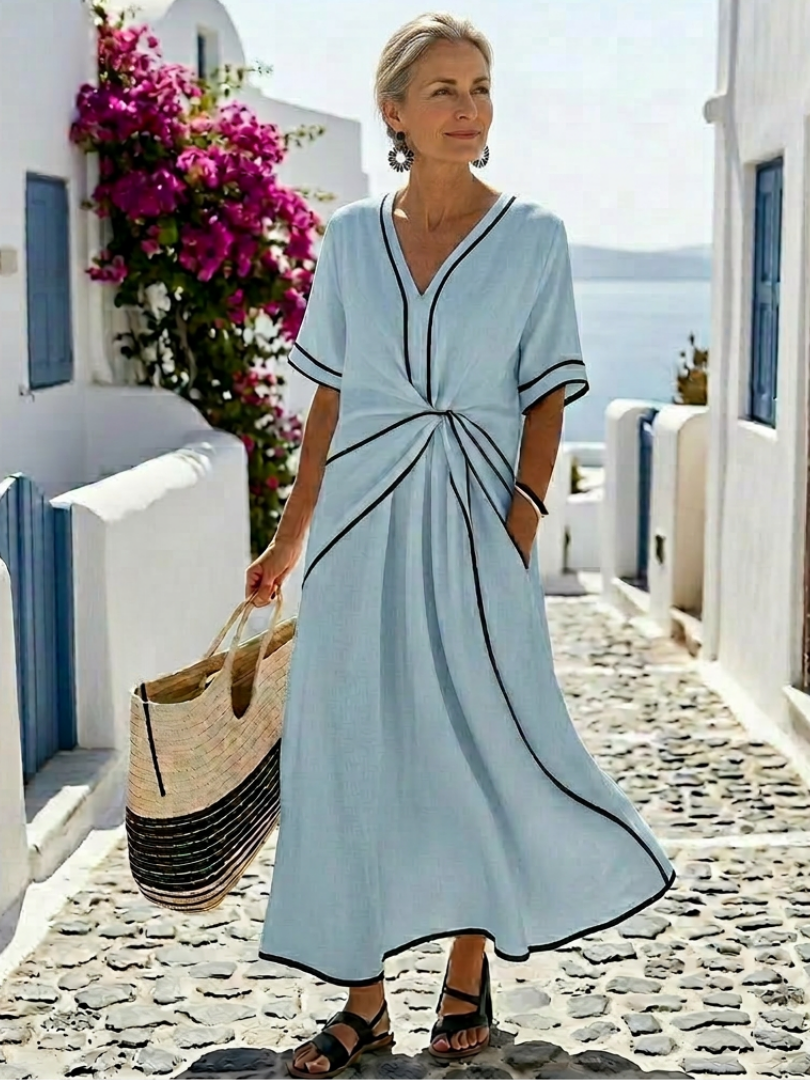 Linnea | Robe midi à col en V, manches courtes et taille froncée