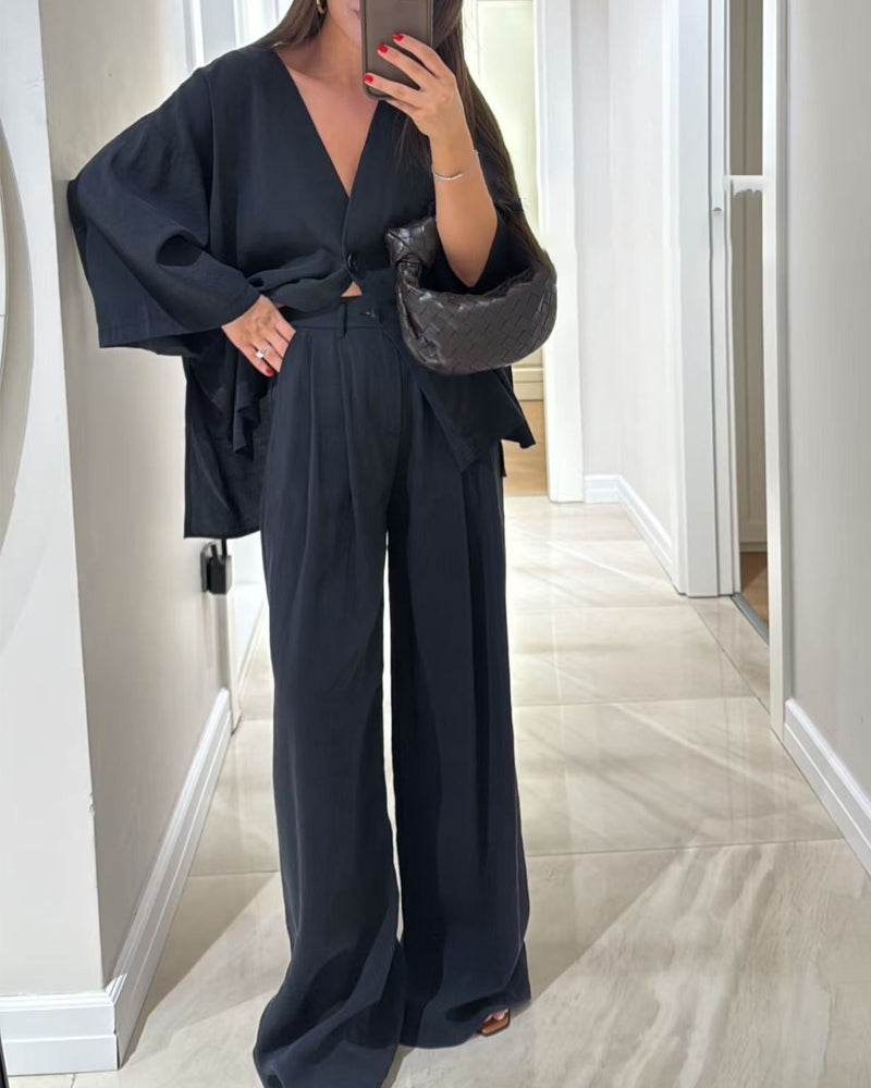 Ensemble haut à col en V et pantalon Jenifer