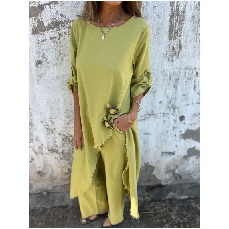 Nouvelle robe + pantalon en coton-lin - Ensemble deux pièces confortable