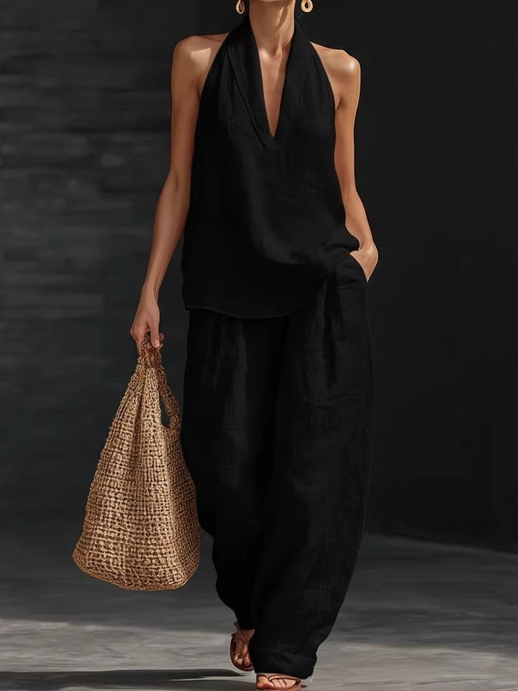 Ensemble top sans manches col V et pantalon large Nora