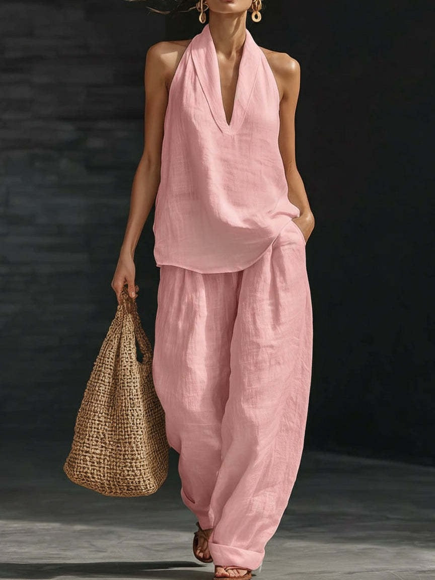 Ensemble top sans manches col V et pantalon large Nora